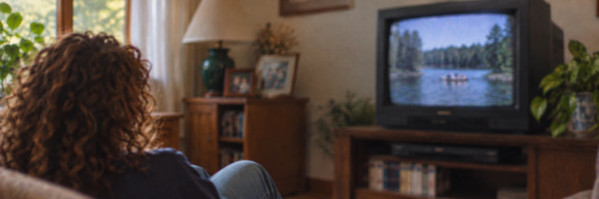 Soft-focus living room with a curly-haired woman watching a vintage television