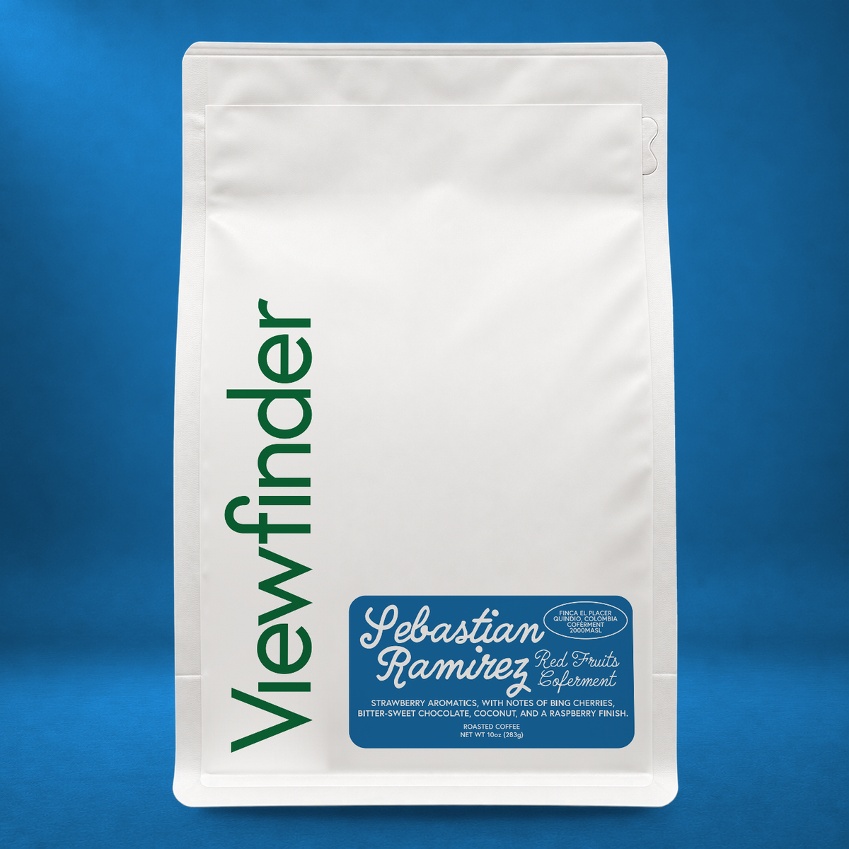 Viewfinder Sebastian Ramirez coffee in a white bag on a blue studio background